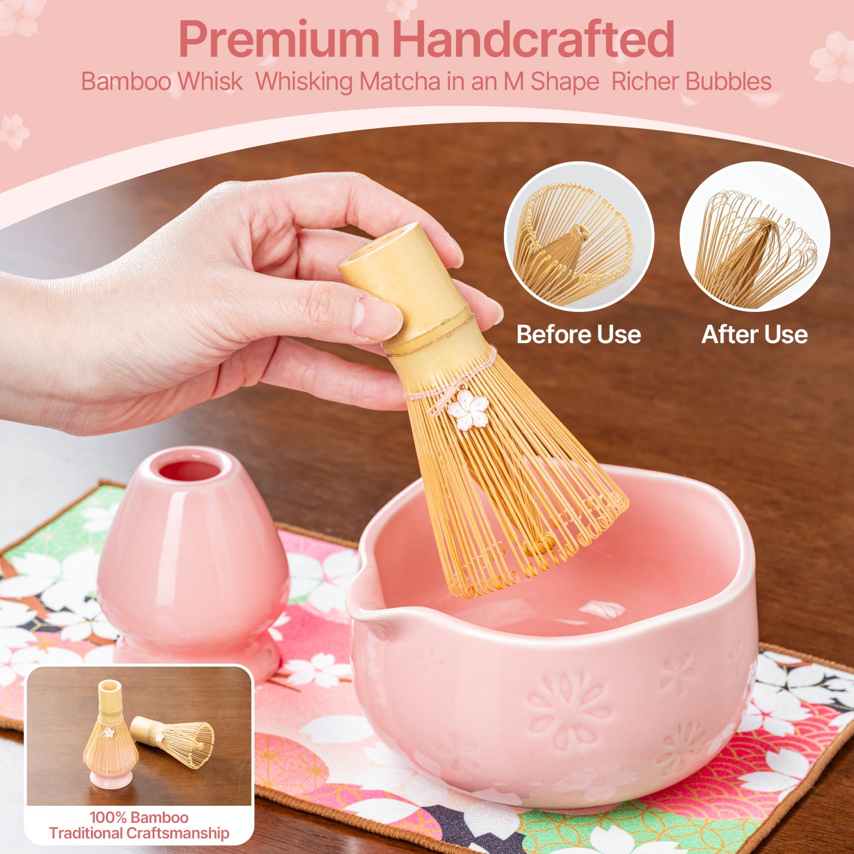 TIZU Set da tè Matcha, 8 pezzi, set con frusta, ciotola con beccuccio, paletta, cucchiaio, setaccio, porta frusta, regalo tradizionale giapponese per gli amanti del tè matcha (rosa)