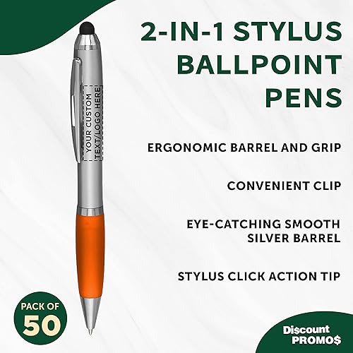 Miniatura 3 de DISCOUNT PROMOS Juego de 50 bolígrafos personalizados con lápiz capacitivo, paquete personalizado a granel, tinta negra, ideal para oficina,