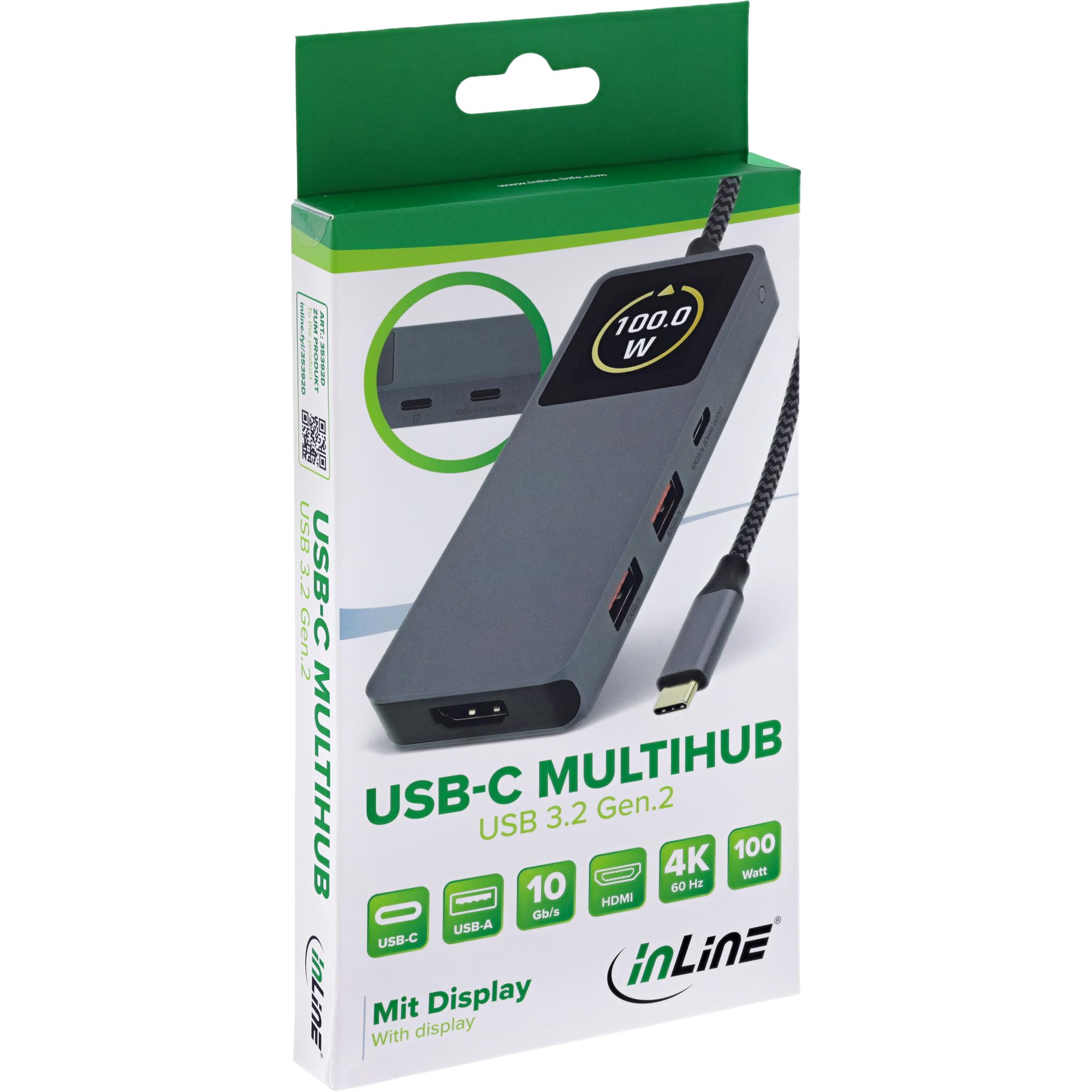 Inline Koncentrator USB 3.2 Gen.2 z 3 x USB-C, 2 x USB-A, HDMI 4K, PD 100 W, wyświetlacz, szybki transfer danych, kompatybilny z Windows macOS Linux, 35392D