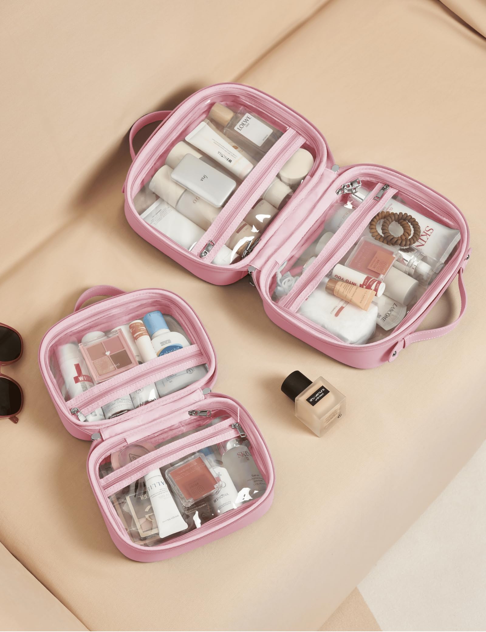 Neceser de viaje transparente de doble capa, bolsa de maquillaje transparente con 4 compartimentos, bolsa de viaje transparente para artículos de tocador, bolsa de aseo grande para mujeres