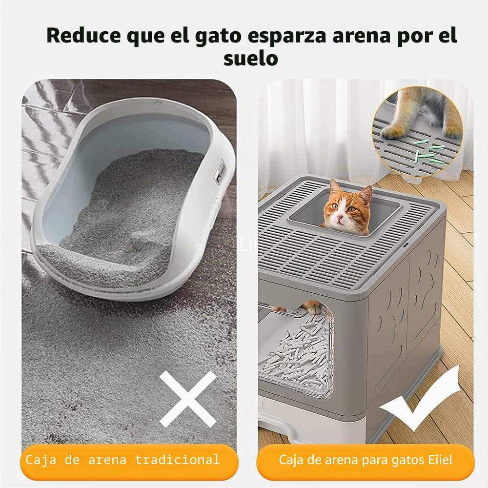 Arenero Gatos Cubierto Cajon: Arenero para Gatos Grande Cerrado Caja de Arena Plegable Cagadero Gato sin Olores con Pala y Filtro-51 * 41 * 38cm-Gris