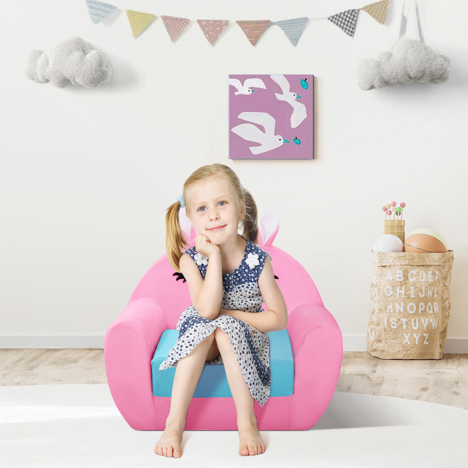 Sofá Plegable para Niños, Suave Cómodo Mini Sofá Infantil 2 en 1,Unicornio Rosa