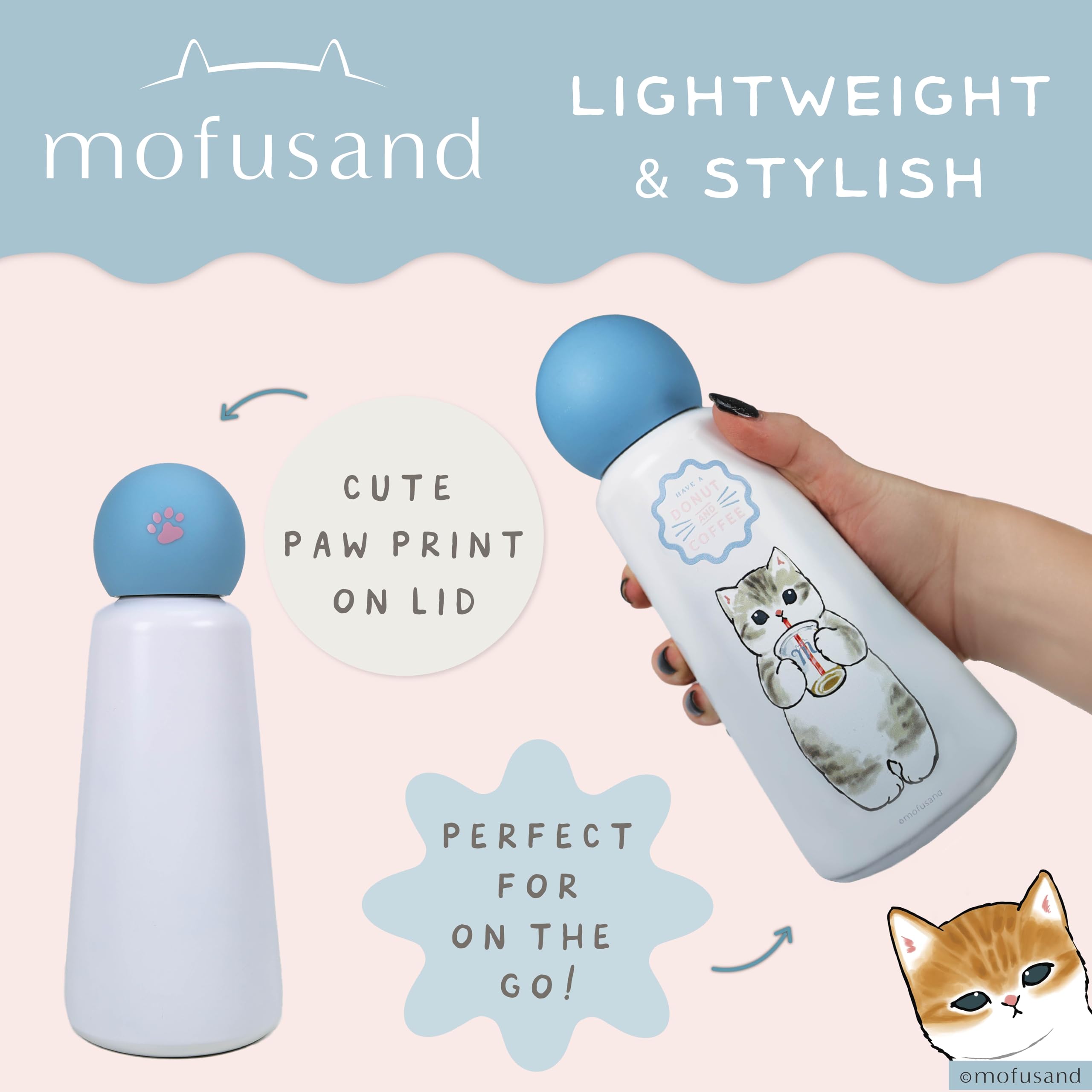 Gourde Isotherme Mofusand 450 Ml - Acier Inoxydable - Design Chat Et Café - Garde Chaud/Froid - Avec Dragonne