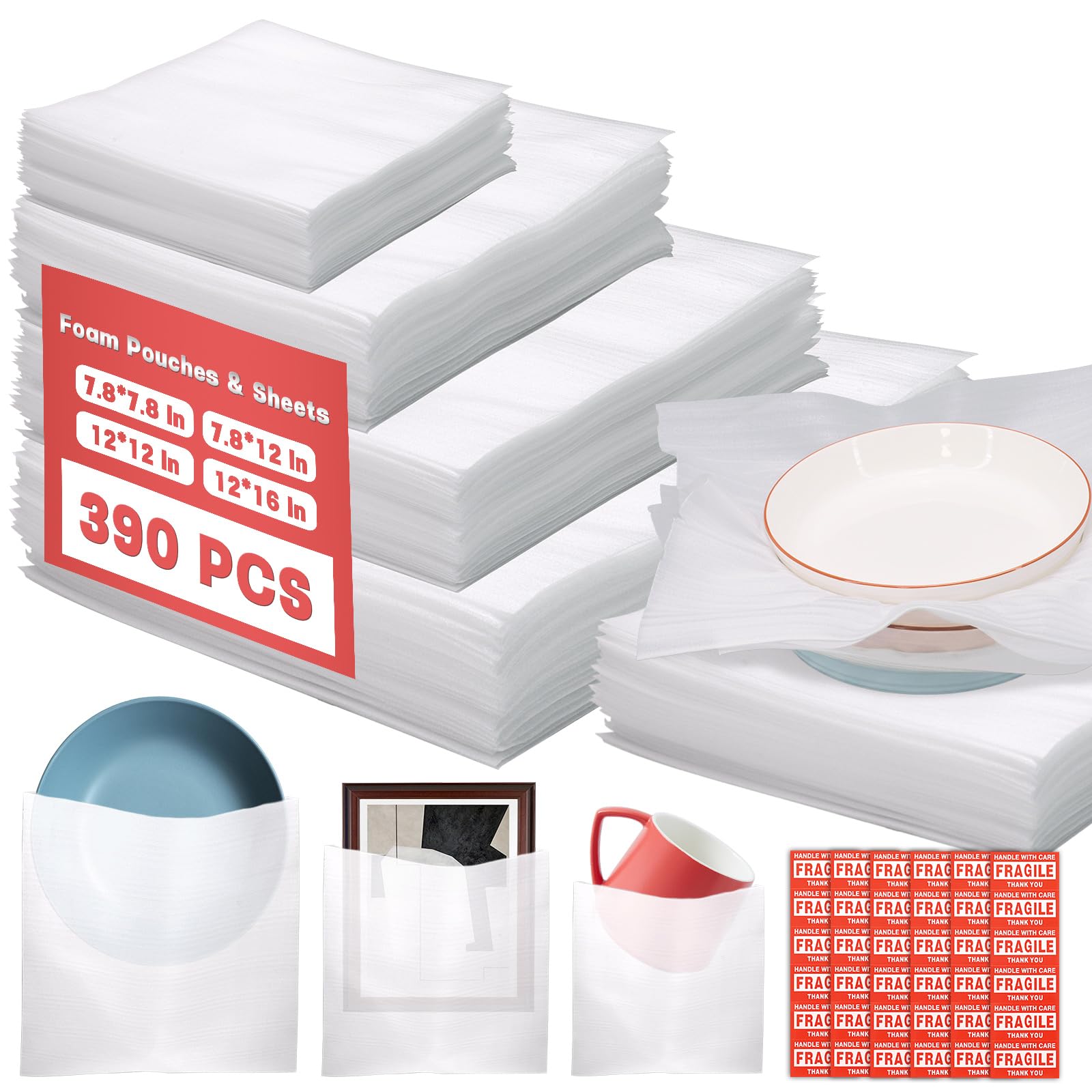 390 Pcs Moving Supplies, 270 Foam Pouches & Foam Sheets, 4 Sizes Packing Foam Pouches with 120 Fragile Stickers for Protect Cushion Dishes China