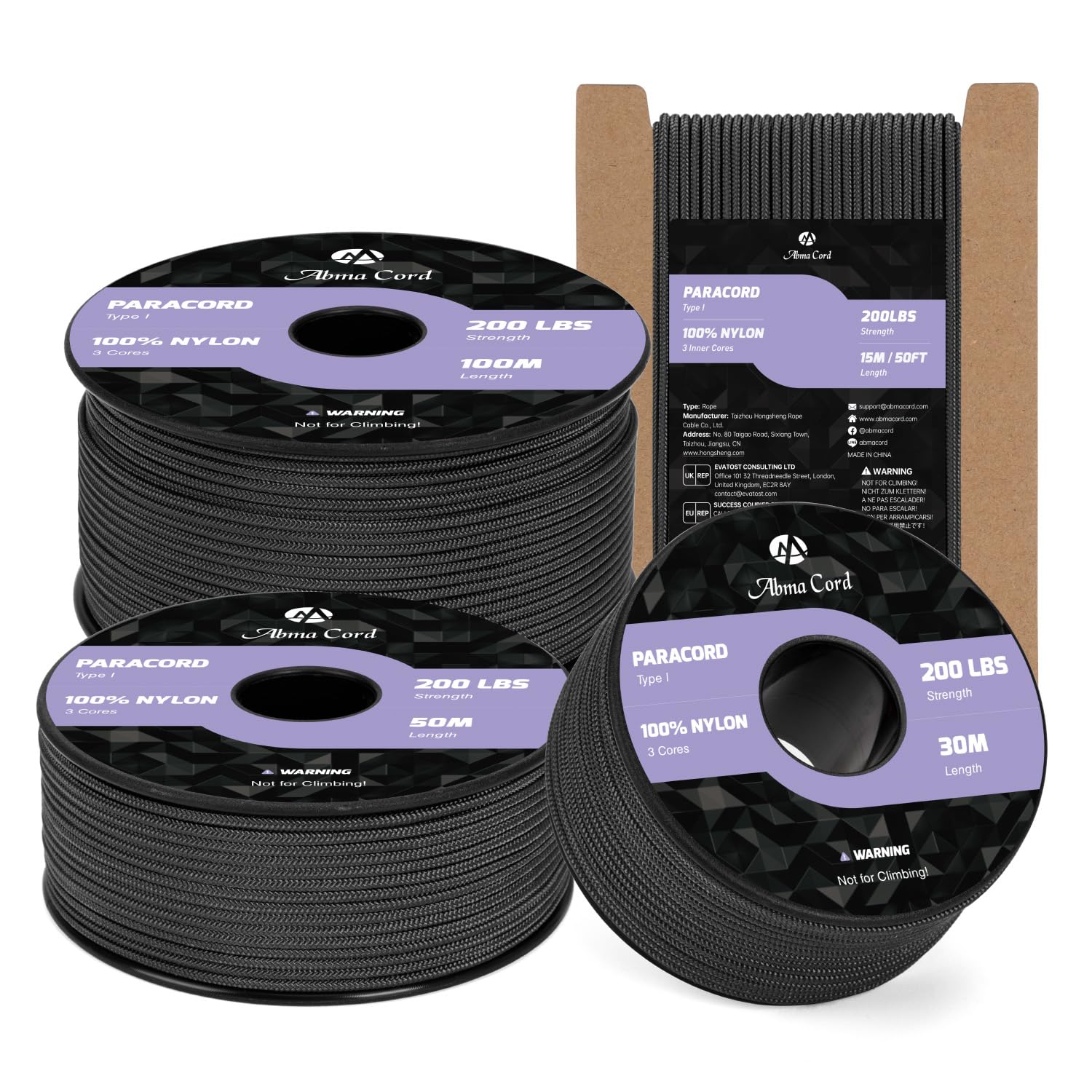 Abma Cord Paracorde 2mm 15m Corde Nylon 3 Brins Type I pour Bricolage, Camping, Extérieur - Max. 90kg (200lbs) - Noir