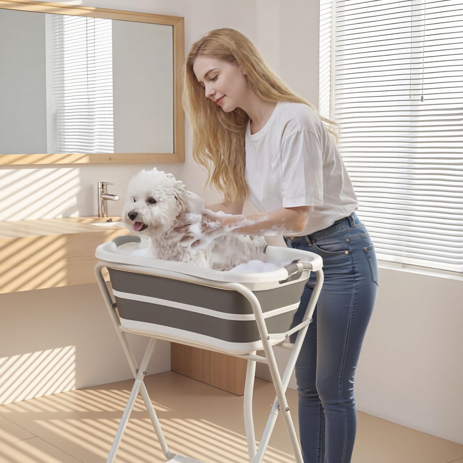 VEVOR Bañera Elevada para Perros Gatos Pequeños con Soporte, Bañera Plegable Portátil 2 en 1 para Mascotas de 1,8 a 8 kg, Estación de Baño con Estructura en X, Desagüe con Manguera, Uso en Mesa Suelo | Soporte estable y seguro, diseño fácil de usar