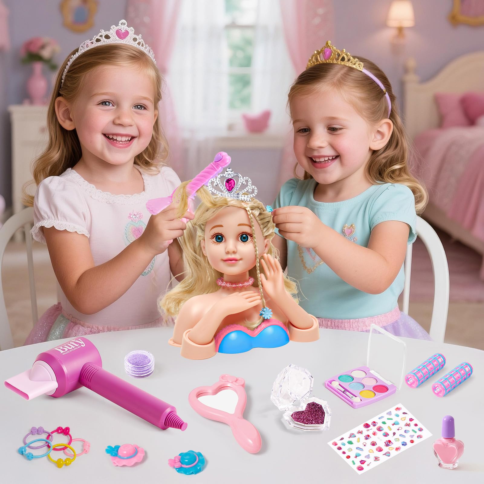 G.C Schminkpuppe Frisierkopf für Kinder Mädchen Spielzeug mit Schminkkopf Haartrockner Nagellack Kinderschminke Friseur Zubehör, Puppenkopf zum Frisieren und Schminken Geschenk Mädchen 3 4 5 6 Jahre