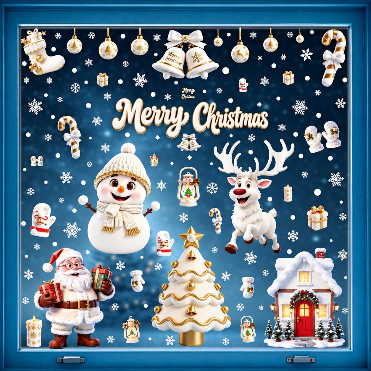 6 Sheets Large Christmas Window Stickers, Double-Sided PVC Static Cling Xmas Window Stickers for Glass, Reusable Christmas Window Decorations with Reindeer Snowflakes for Home Shop Office
