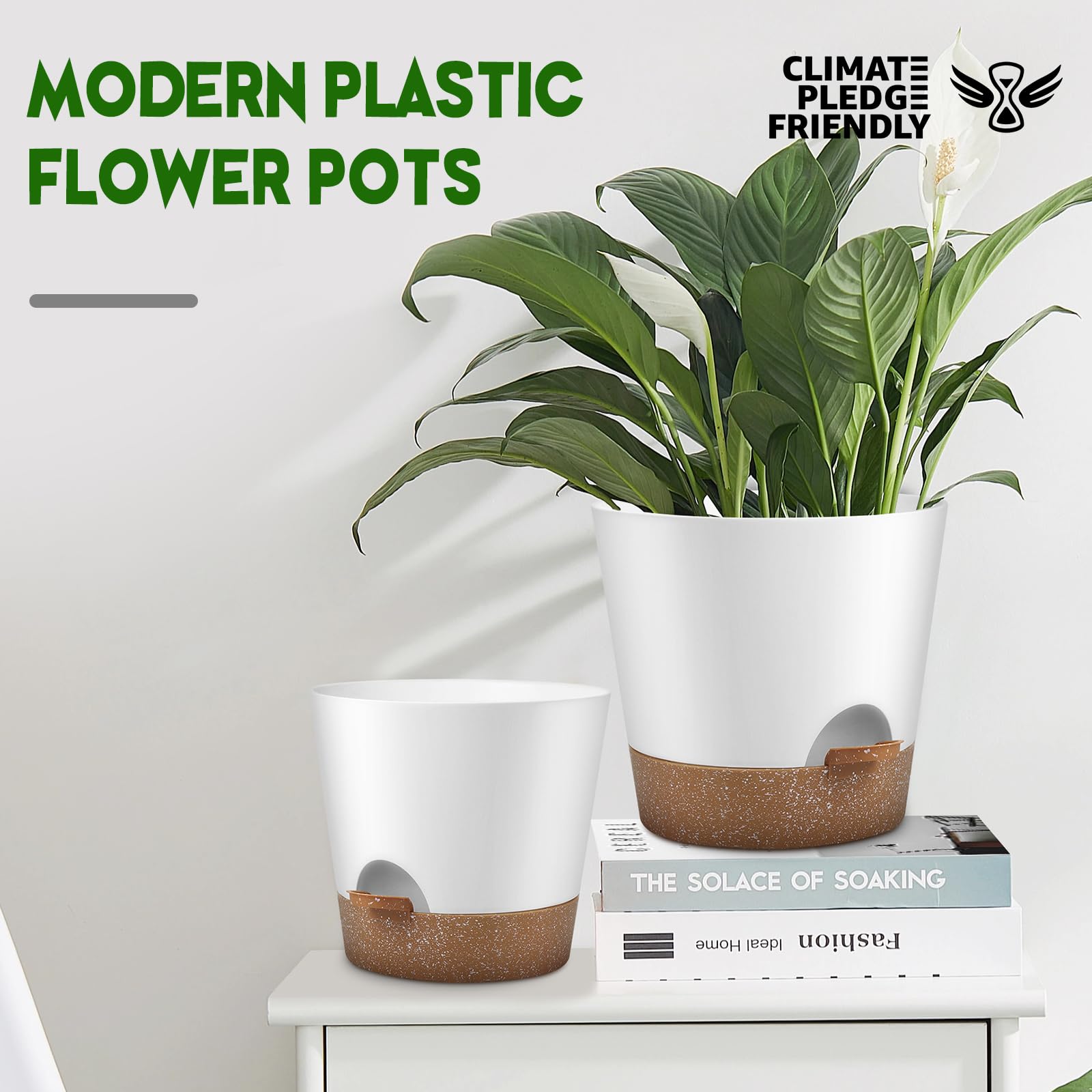 YNNICO Indoor Self Watering Plastic Flower Pots, Planters with Drainage Holes and Saucers, 9,8, 7.5 Inches, Green, 3 Pots (Snow) - Image 4