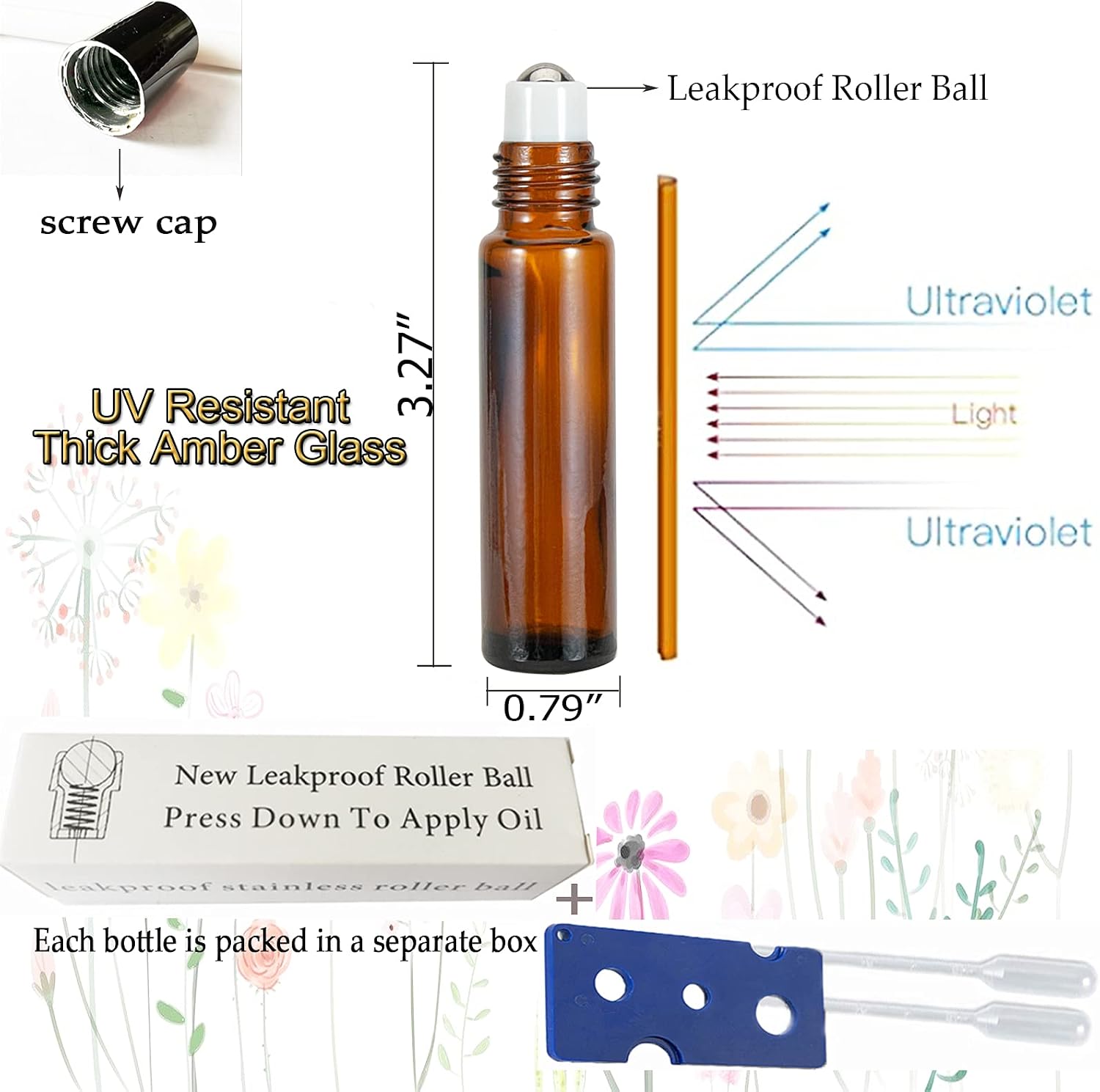 MUB 10ml Roller Bottles for Oils, 8 Pack Leakproof Essential Oil Roller Bottles with Stainless Steel Roll-On Balls, Screw Cap
