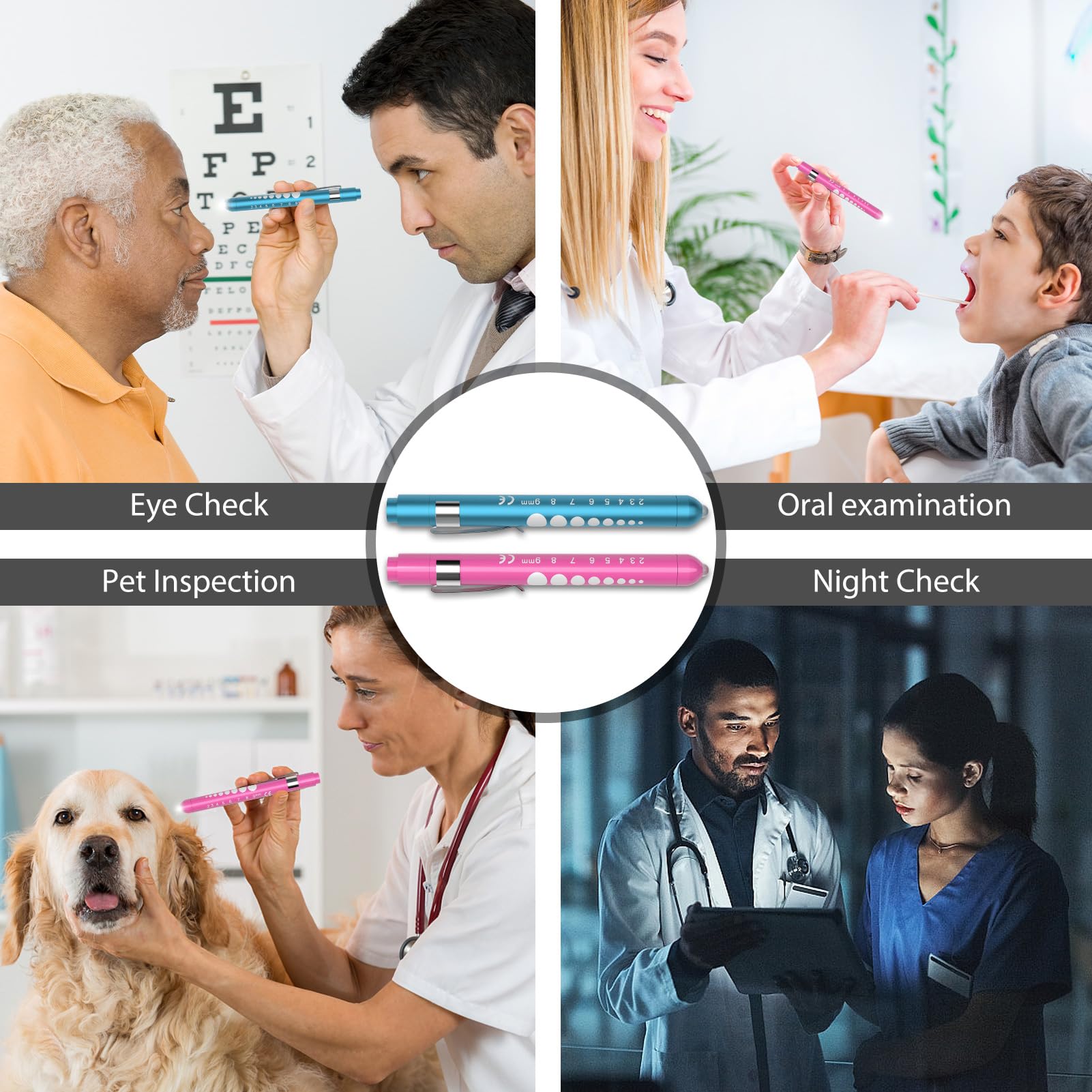 RISEMART Lampe pupille de diagnostic, infirmière, accessoire de service d'urgence avec compteur de pupilles et règle (rose rouge et bleu)