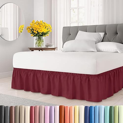CGK Linens - Falda de cama envolvente con volantes, color borgoña, para camas de tamaño matrimonial con caída de 12 pulgadas, correa elástica de