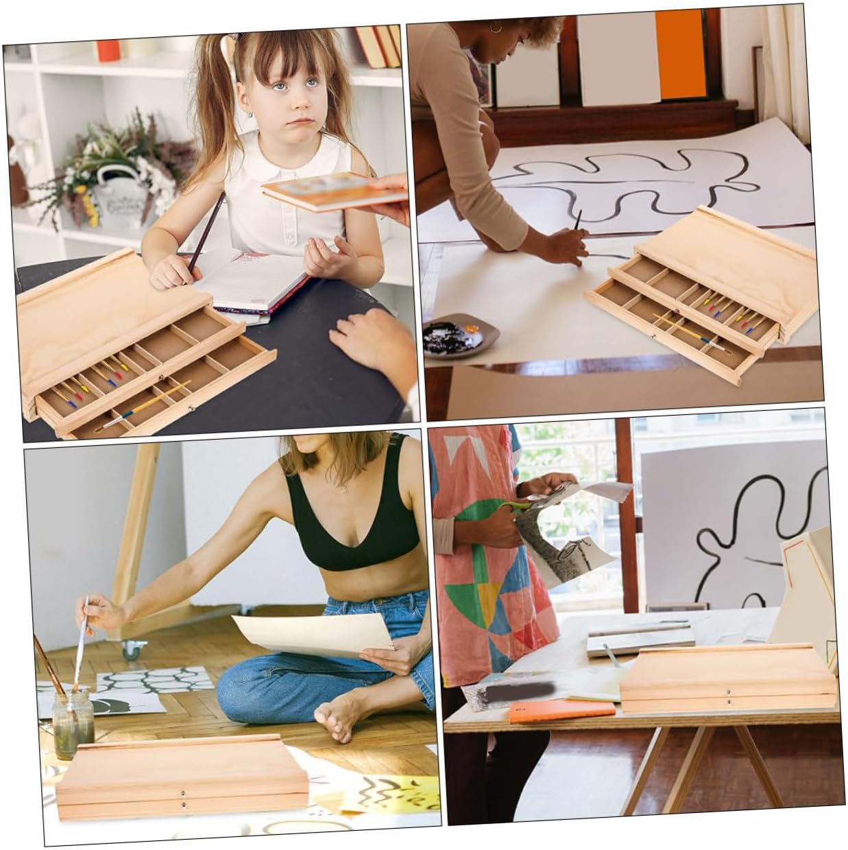 KAILIKETIY Wooden Artist Supply Storage Box Design for Painting and Outdoor Sketching Portable Wood Pencil and Marker Organizer for Artists Students and Art Enthusiasts