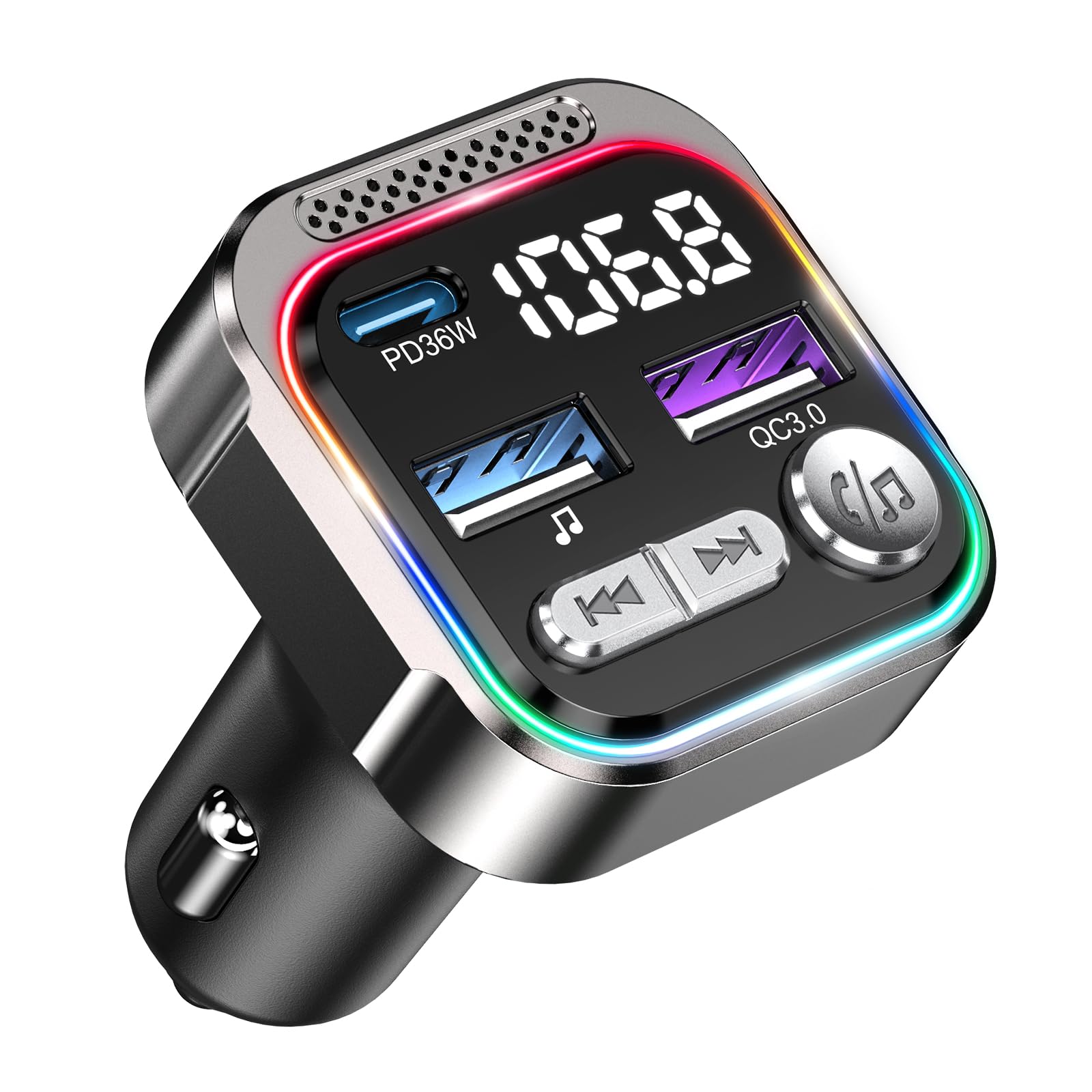 ORIA Nadajnik FM Bluetooth 5.3 66W, PD 36W + QC3.0 18W Samochodowy Nadajnik Bluetooth Radio, Połączenia Głośnomówiące, Synchronizacja Muzyki, Światło Oddechowe, Samochodowy Adapter Muzyczny