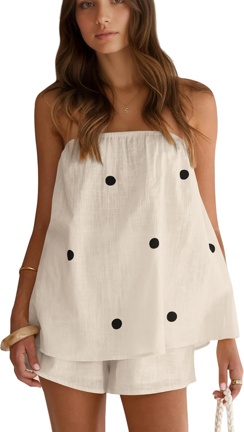 Polka Dot 2 Piece Shorts Set Summer Lounge Sets Strapless Top and Shorts Matching Airport Travel Vacation Outfits - $35.99