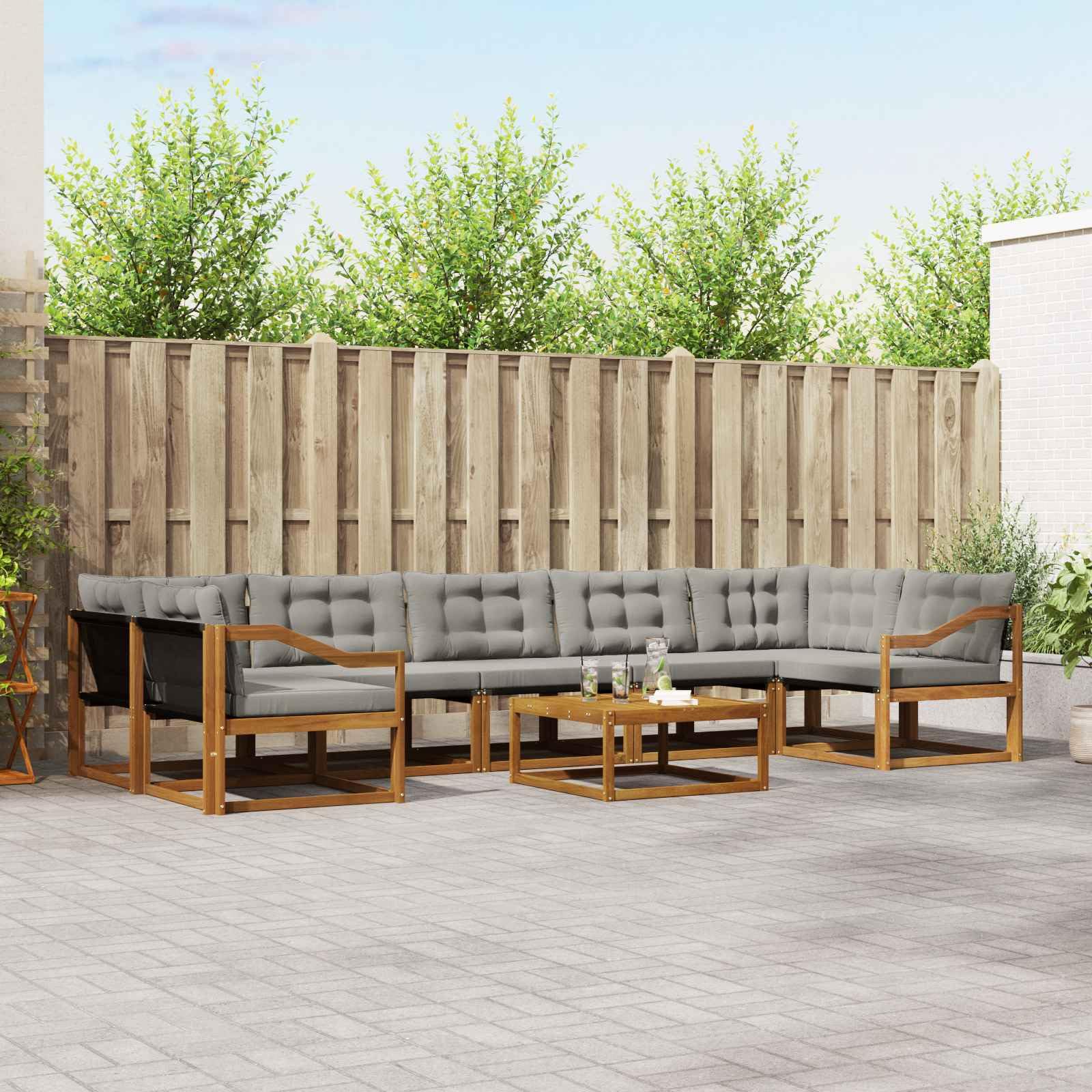Gartenmöbelgarnitur Set mit Kissen 8-teilig aus massivem Akazienholz und wetterfestem Textilene für Terrasse Balkon und Garten, inklusive Tisch, Sitzgruppen, Sofas, Stühlen