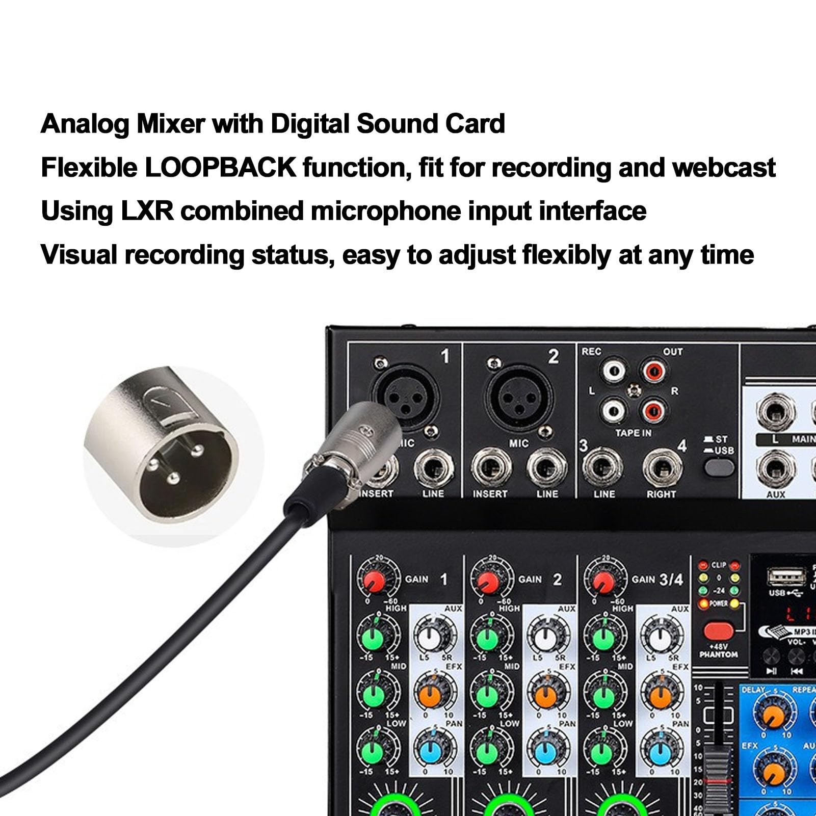 4 Channel Mixing Console With Bluetooth – 48V Phantom Power, USB Audio Interface