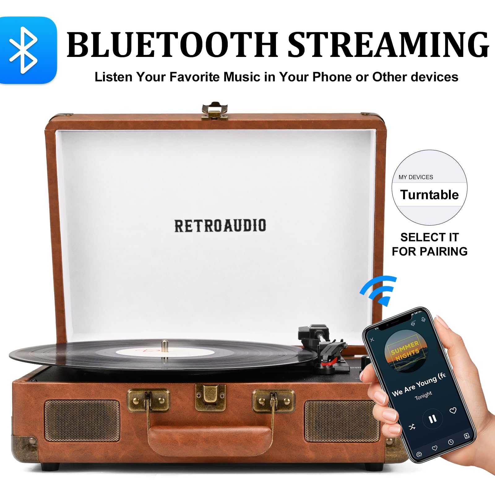 Tragbarer Kofferplattenspieler mit Bluetooth, 3 Geschwindigkeiten, 2 integrierten Stereolautsprechern, riemengetriebenem Plattenspieler für Vinyl-Schallplatten, RCA-Line-Out und AUX-Out
