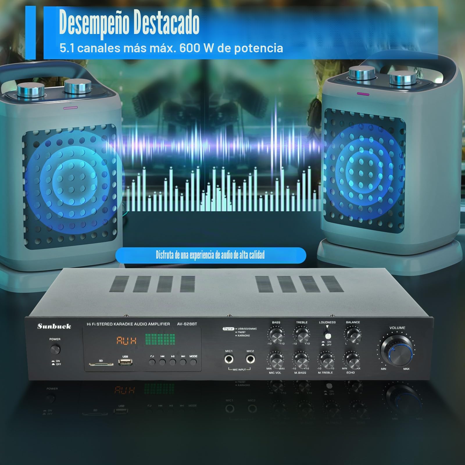 Amplificador Estéreo Digital de 5 Canales HiFi Bluetooth 600W FM/AM USB con Control Remoto