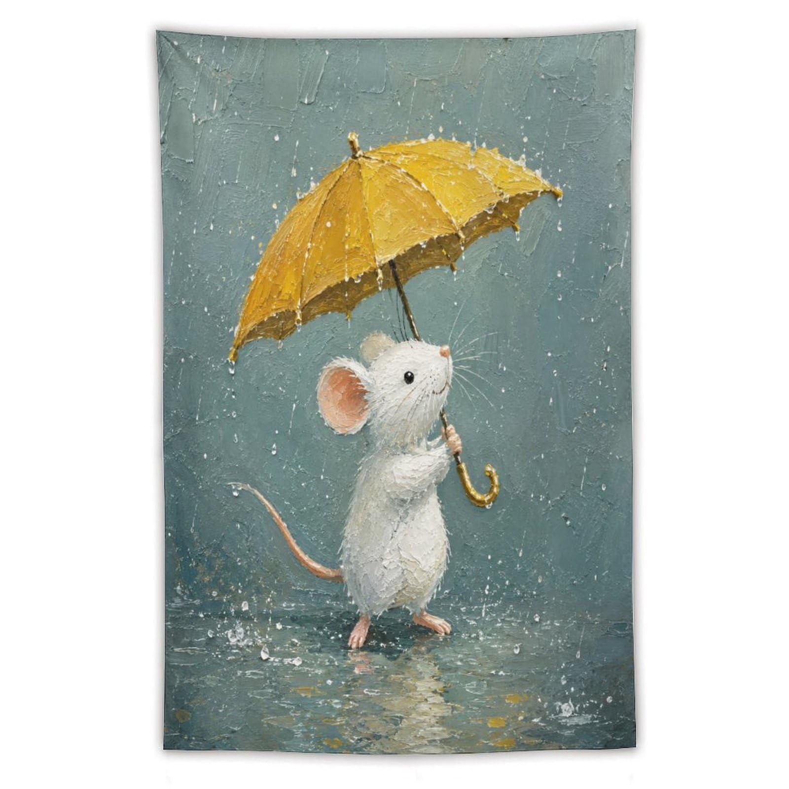 H3B8U2Y5 Umbrella Mouse Rain Wall Tapestry, Storybook Illustration Style