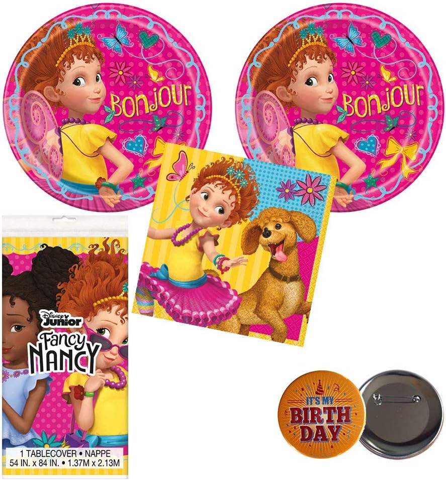 RDC Fancy Nancy Party Supplies for 16 Guests - Plates, Napkins, tablecover + Birthday Button - Officially Licensed
