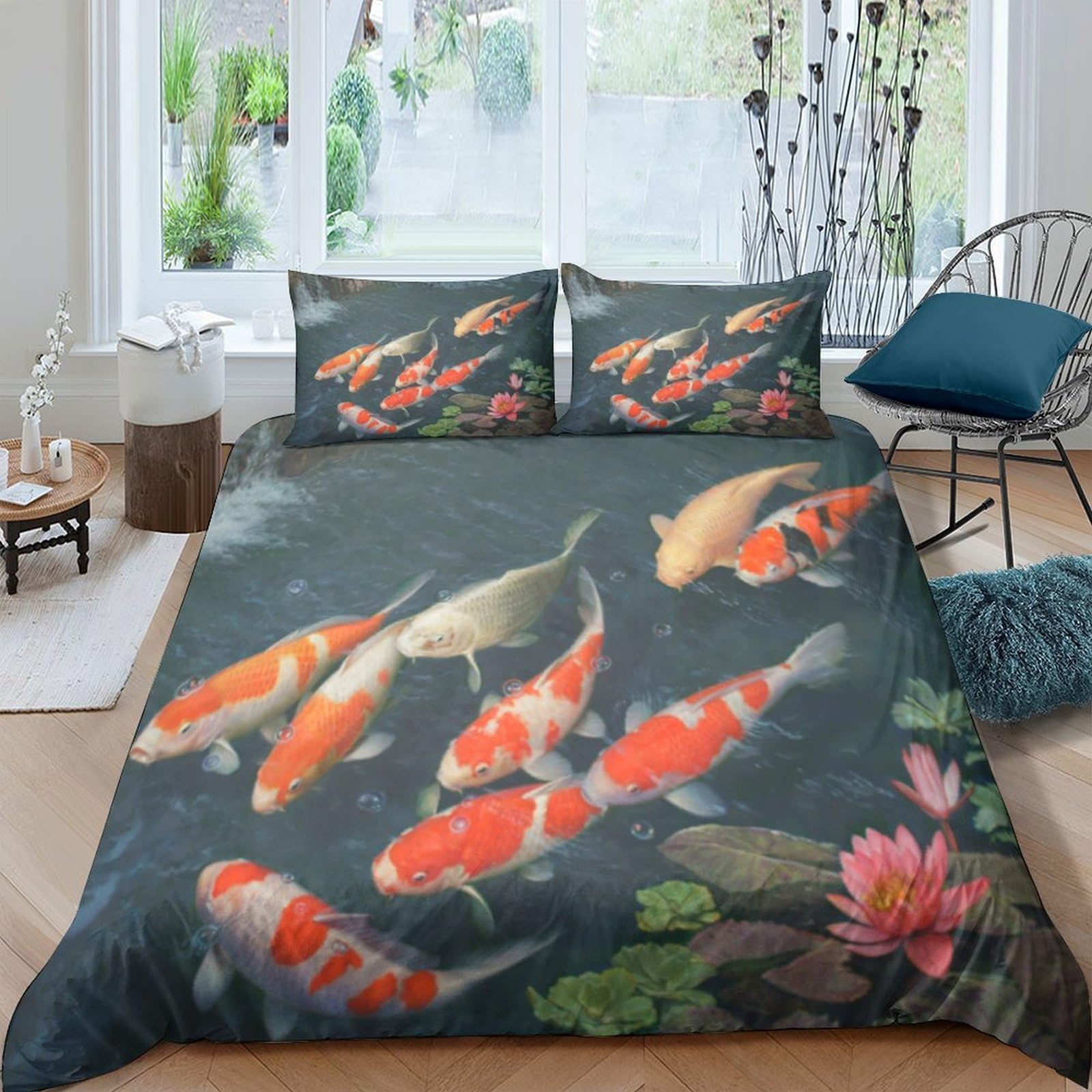 Ctjqhvkz Style-6 3D Printed Koi Fish Pond Fitted Sheet Microfiber Soft Decorative Lotus Water Lily Bed Cover For Bedroom Dorm Mattress Protection Single（135X200cm）