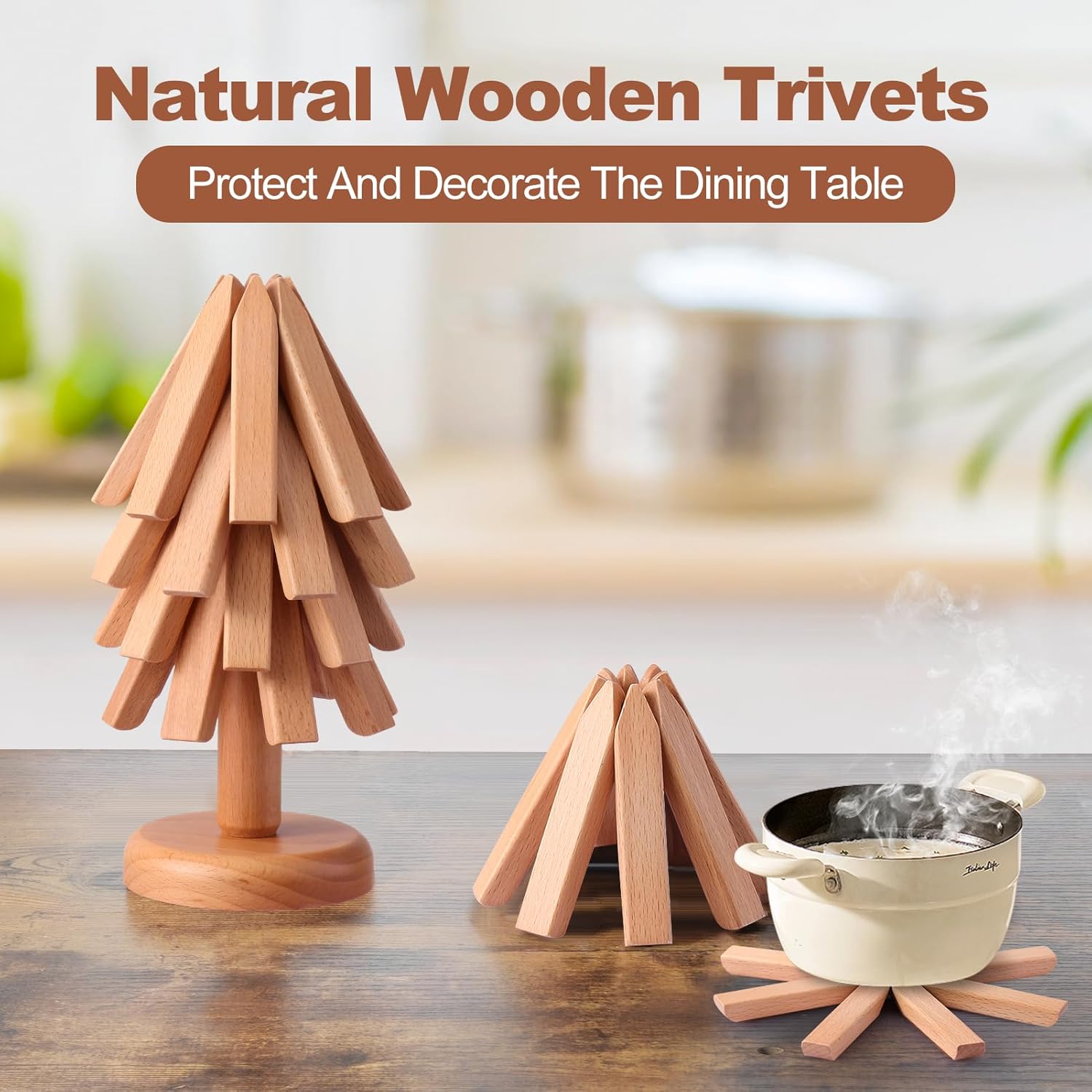 Wooden Trivets for Hot Dishes - 4 Walnut Wood Trivet Tree Shape Table Insulation Mat Set for Hot Pots and Pans Collapsible Coasters Heat Resistant Pads for Kitchen Counter Beech Wood