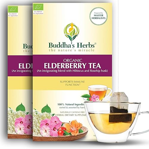 Miniatura 8 de Buddha's Herbs Té orgánico de saúco, infundido con hibisco y cáscara de rosa mosqueta, antioxidante e inmunológico, suplemento dietético sin