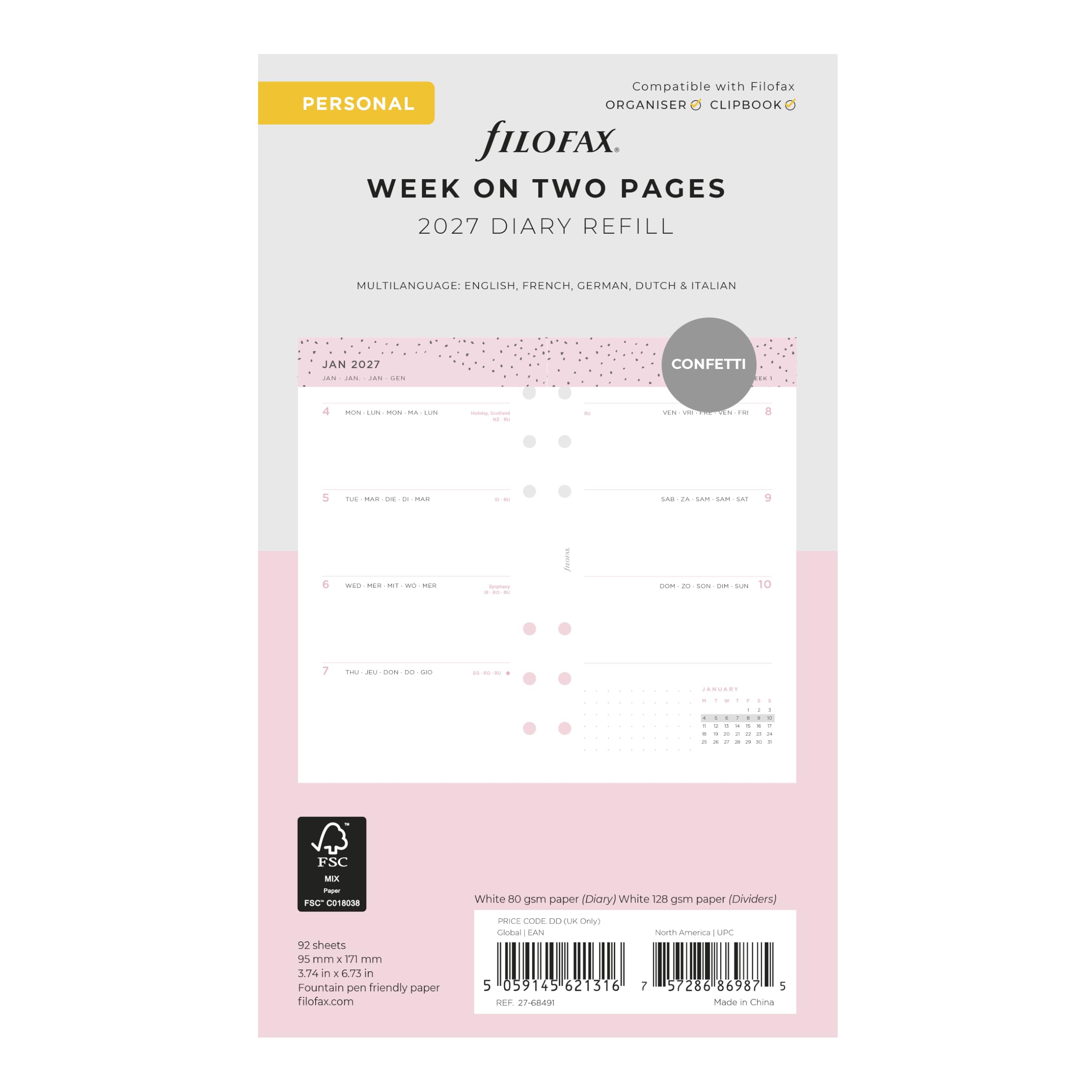 Filofax Recharge d'agenda 2027 format personnel/compact, semainier, confettis minimal, multilingue : cinq langues, 2027 (C68491-27)