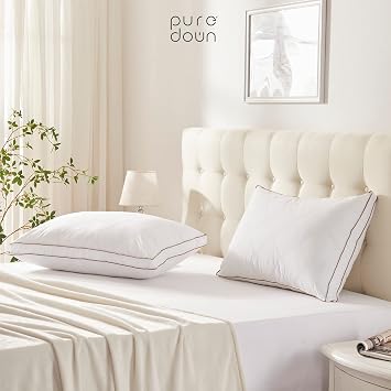 puredown Goose Feathers and Down Pillow for Sleeping Hotel Collection Bed Pillows, Gusseted, King, Set of 2