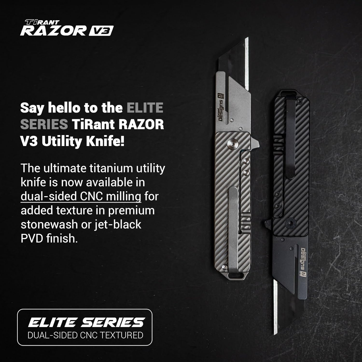 TiRant RAZOR V3 Utility Knife (Jet-Black 6AL-4V Titanium) DUAL-SLASH Edition EDC Box Cutter