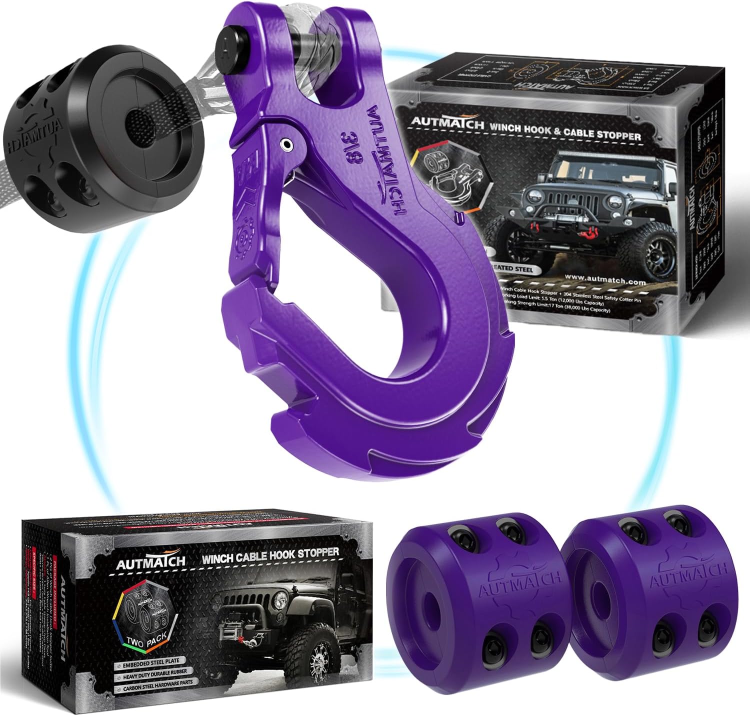 AUTMATCH 3/8" Winch Hook Safety Latch with Winch Cable Hook Stopper, Grade 70 Forged Steel Clevis Slip Hook, Max 39,600Lbs Work for Winch Rope, ATV, UTV, Off Road Vehicle, Purple