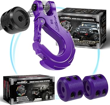 AUTMATCH 3/8" Winch Hook Safety Latch with Winch Cable Hook Stopper, Grade 70 Forged Steel Clevis Slip Hook, Max 39,600Lbs Work for Winch Rope, ATV, UTV, Off Road Vehicle, Purple