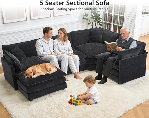 Miniatura 3 de Sofá modular Cloud seccional, moderno sofá modular en forma de L de felpilla con otomana y almohadas, sofás esquineros de asiento profundo de 5