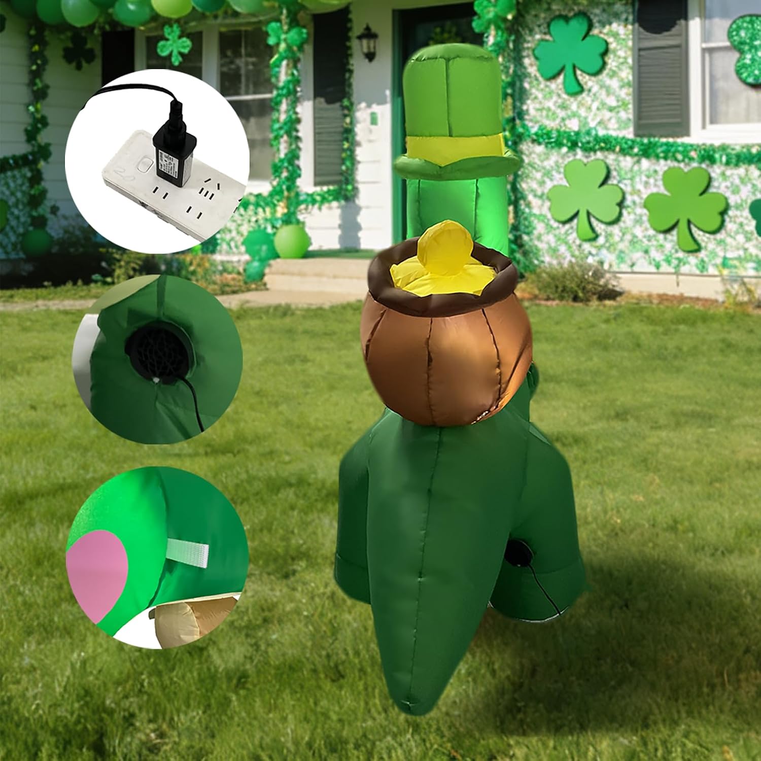 4FT Dinosaur Carrying a Cylinder Inflatable Decoration St. Patrick's Day Decoration with LED Lights for Holiday Celebration Decorations for Yard, Lawn and Patio