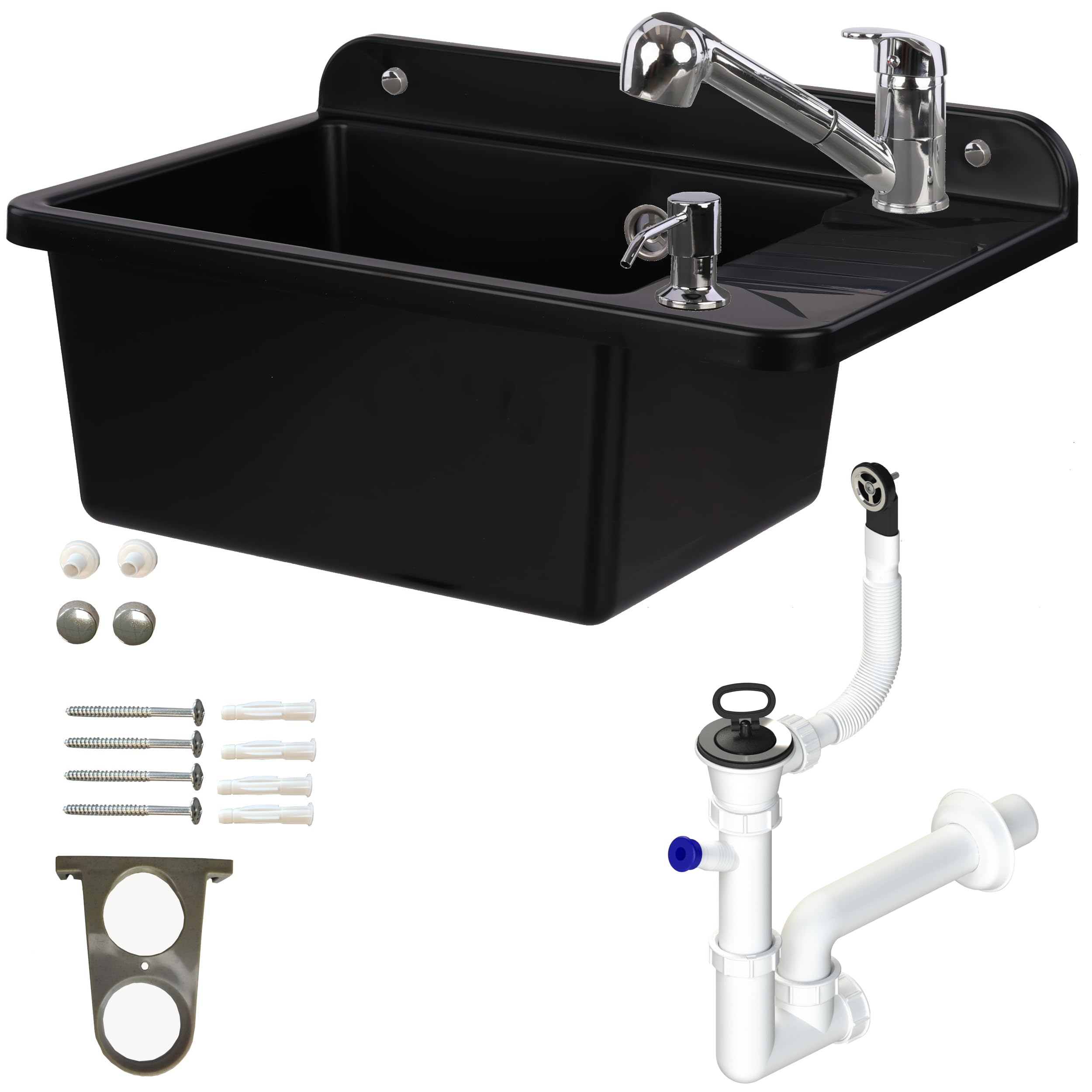 Fregadero de 51 cm, color negro, granito, poliestireno, con grifo extensible, dispensador de jabón con rebosadero, sifón, fregadero de pared