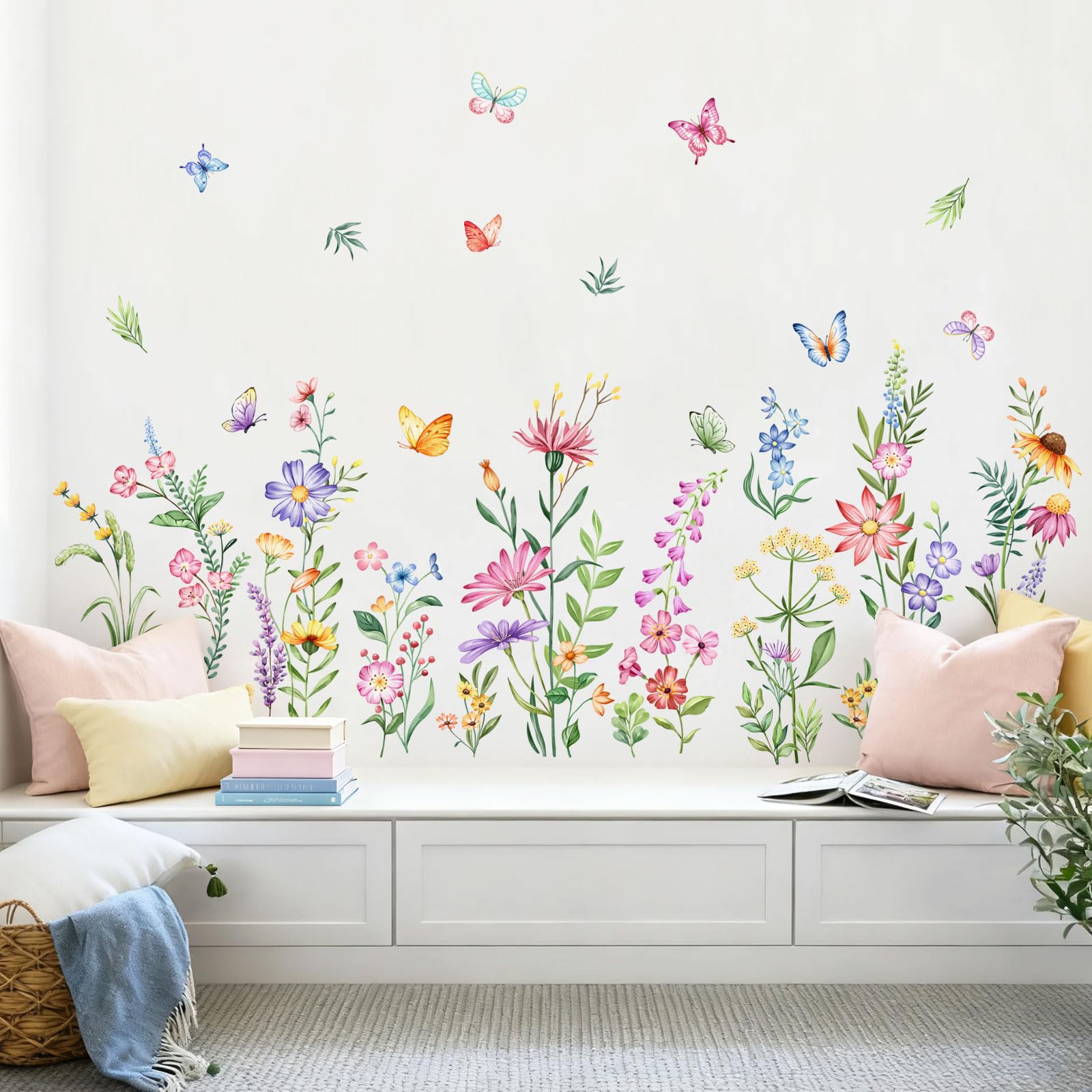 Supzone Garden Flower Wall Stickers Large Watercolor Wildflower Daisy Floral Butterflies Wall Decals for Girls Bedroom Living Room Home Office Wall Decor - Image 4