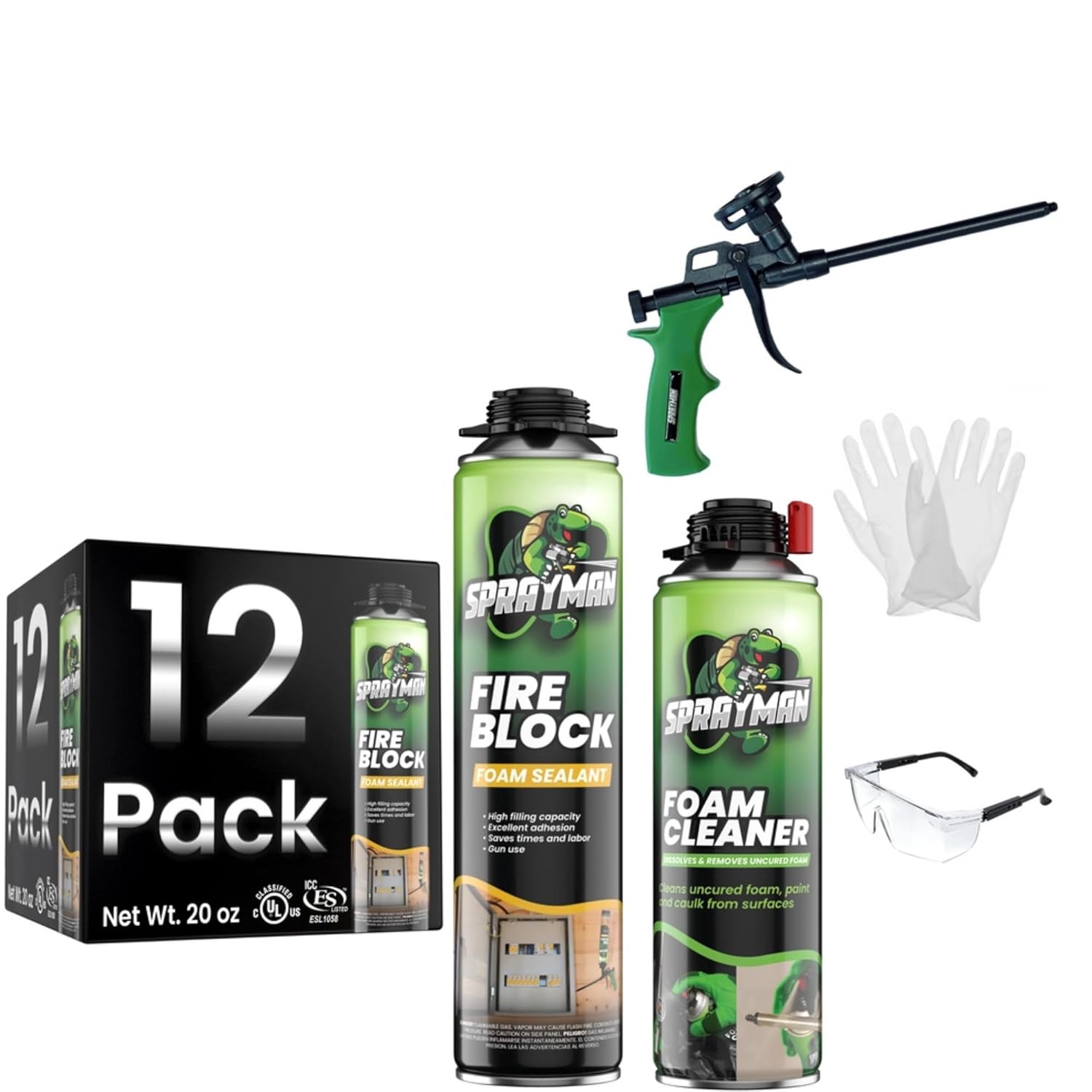 Sprayman Orange Fire Block Expanding Spray Foam – (12x20oz) Professional Gun Use Polyurethane Foam for Electrical Outlets & Water Pipes, B2 Fire Rated – Gun Included – 12 Pack