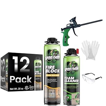 Sprayman Orange Fire Block Expanding Spray Foam - 12x20oz Professional Gun Use Polyurethane Foam for Electrical Outlets & Water Pipes, B2 Fire Rated - Gun Included - 12 Pack