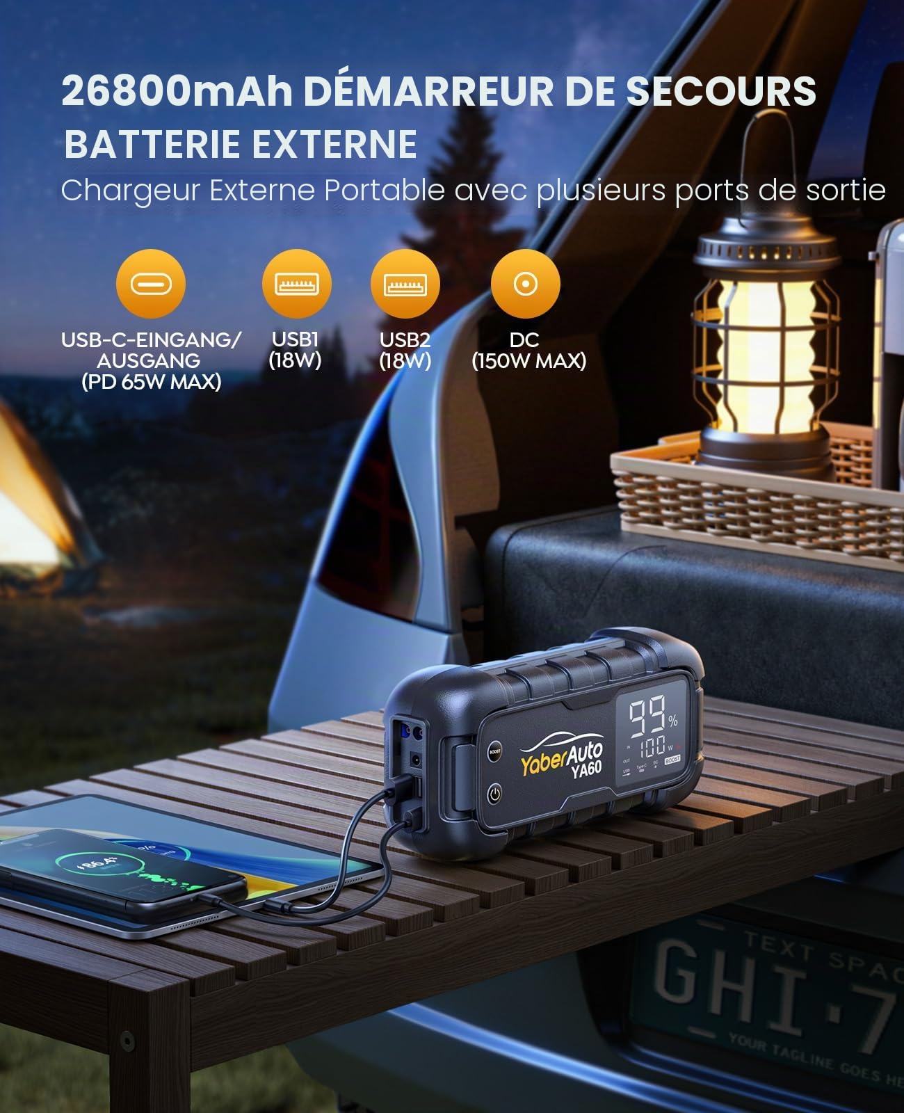 YaberAuto YA60 Batterie de démarrage, à charge rapide, 45 W, avec écran LCD de 3,3", lampe de poche LED 600 lumens, courant de crête 6000 A, pour voiture