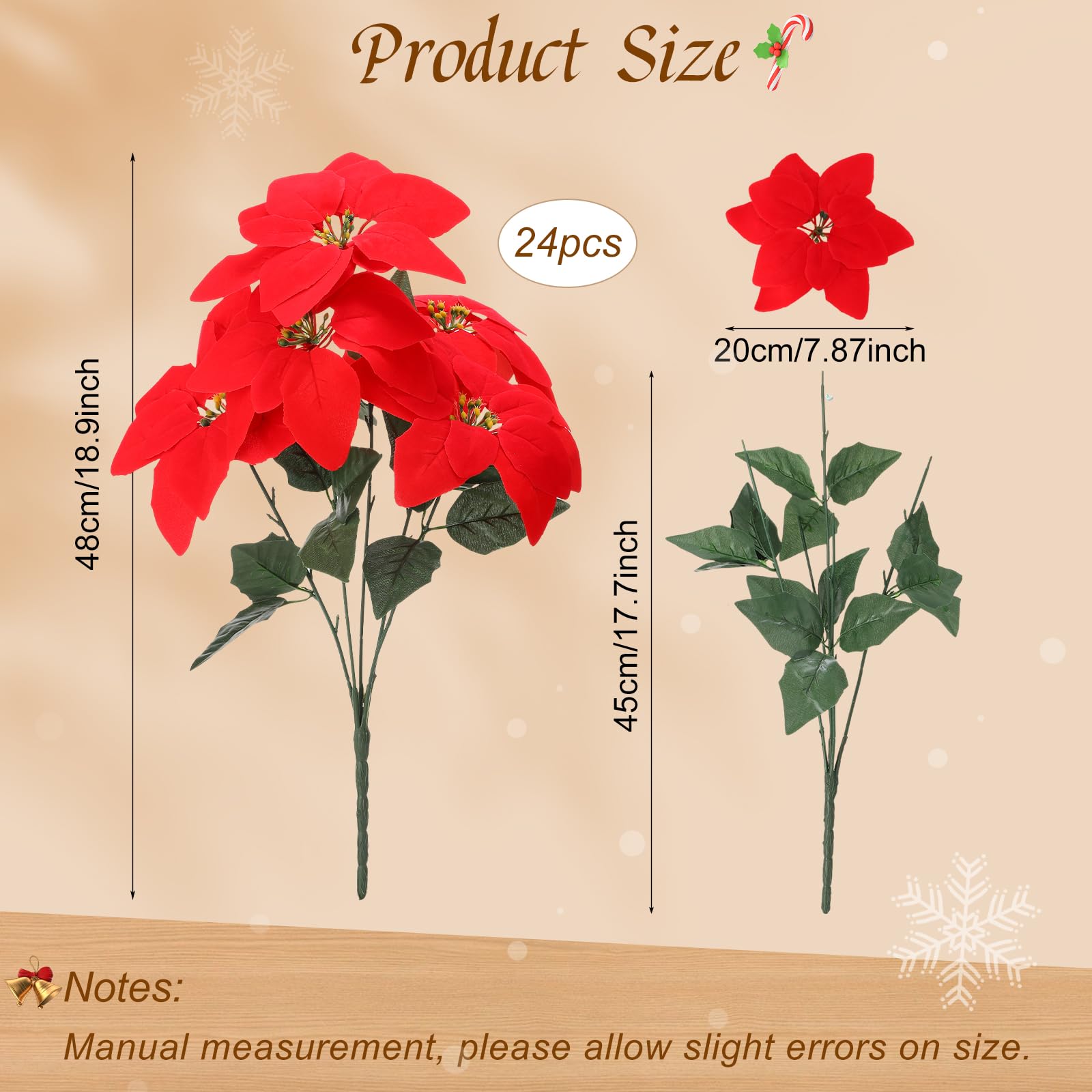 Yunlly Künstliche Weihnachtssterne mit 5 Köpfen, Samt, Kunststoff, rote Blumensträuße für Zuhause, Garten, Innen- und Außenbereich, Basteln, Hochzeit, Party, Tisch, Blumenzubehör, 24 Stück