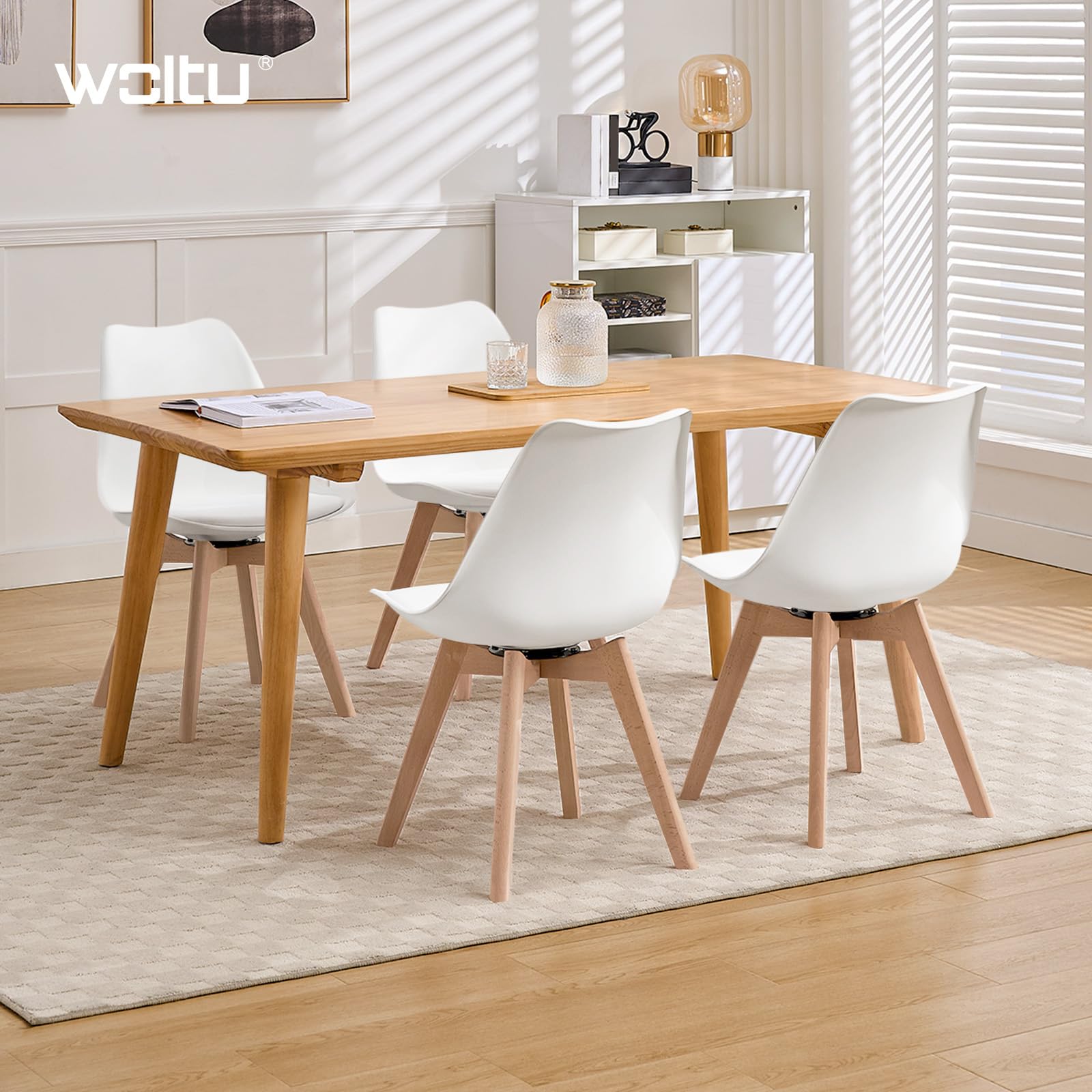 WOLTU Eetkamerstoelen, draaibaar, set van 4, voor eetkamer, moderne keukenstoelen, van massief kunstleer, tot 120 kg belastbaar, wit