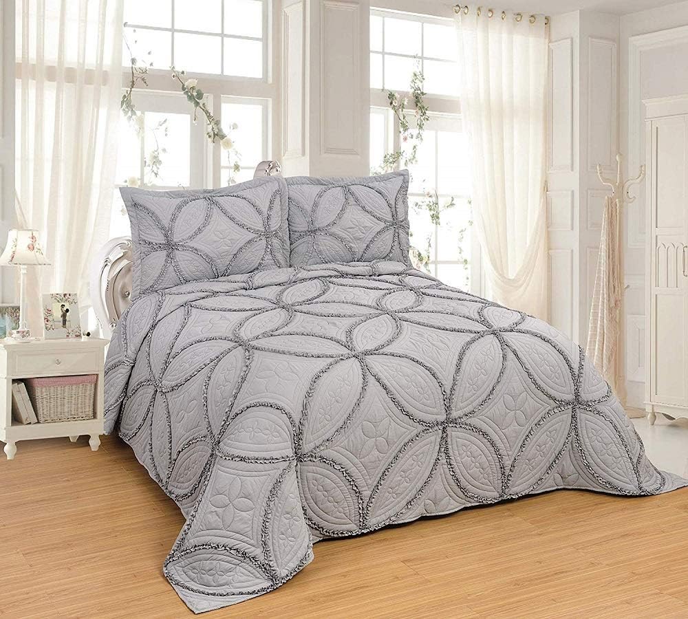 OctoRose 3pc Nice Design Very Soft Oversize 106x96 inch Fully Quilted Embroidery Bedspread Coverlets Bed Cover Pillow Sham Set (PeacockBlue)