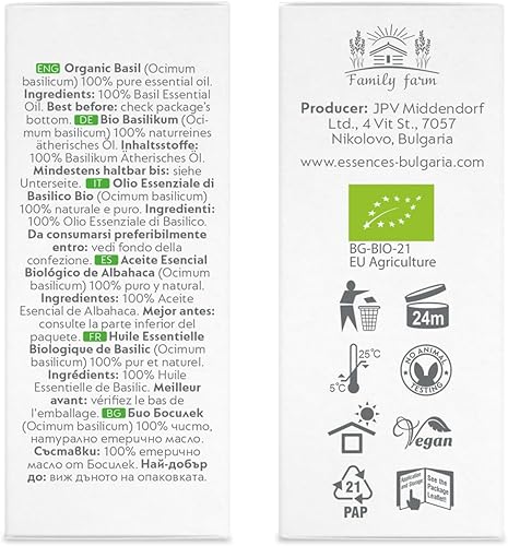 Miniatura 4 de Essences Bulgaria Aceite esencial de albahaca orgánica de 13 fl oz  0.3 onzas líquidas  Ocimum basilicum  100% puro y natural  Sin diluir  Grado