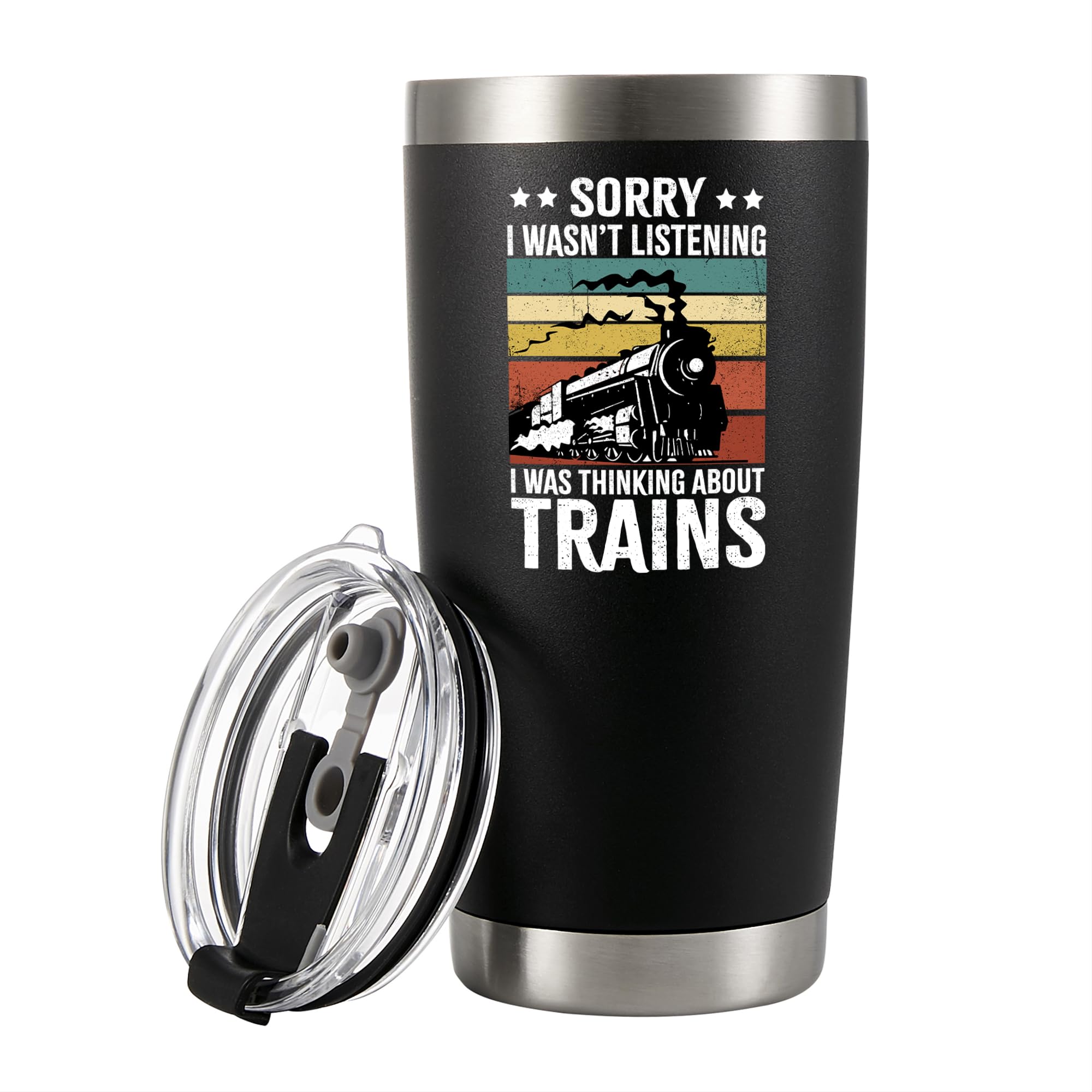 Sorry I Wasn’t Listening I Was Thinking About Trains Retro Vintage Train Lovers Gifts For Dad Mom Husband Brother Sister Wife Friend Coworker Vacuum Insulated Tumbler with Lid and Straw 20 oz Black