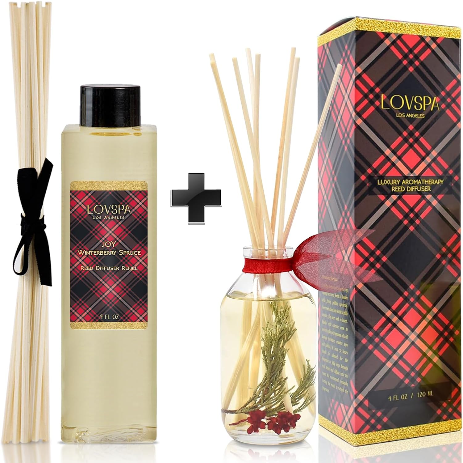 LOVSPA Joy Winterberry Spruce Reed Diffuser Refill, 4 oz, Bundle with Joy Winterberry Spruce Reed Diffuser Set - Made with Essential Oils in The USA