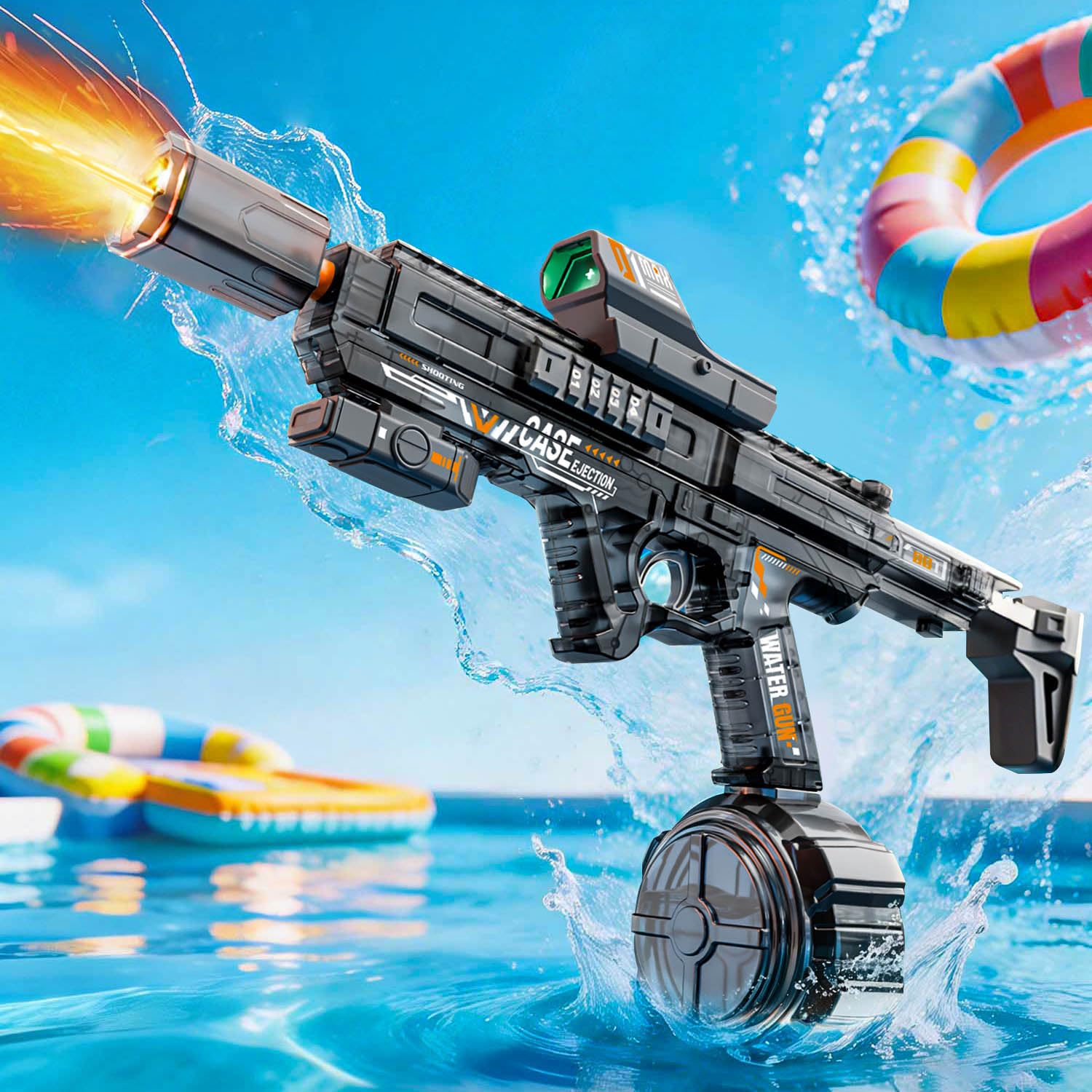 MOZC Electric Water Gun Adults, Automatic Water Gun with Lighting Effects, Range of 8-10M, Large capacity 650ml, Automatic Suction, Water Gun used in Swimming Pools, Beaches, Water Parks (MP7-Grey)