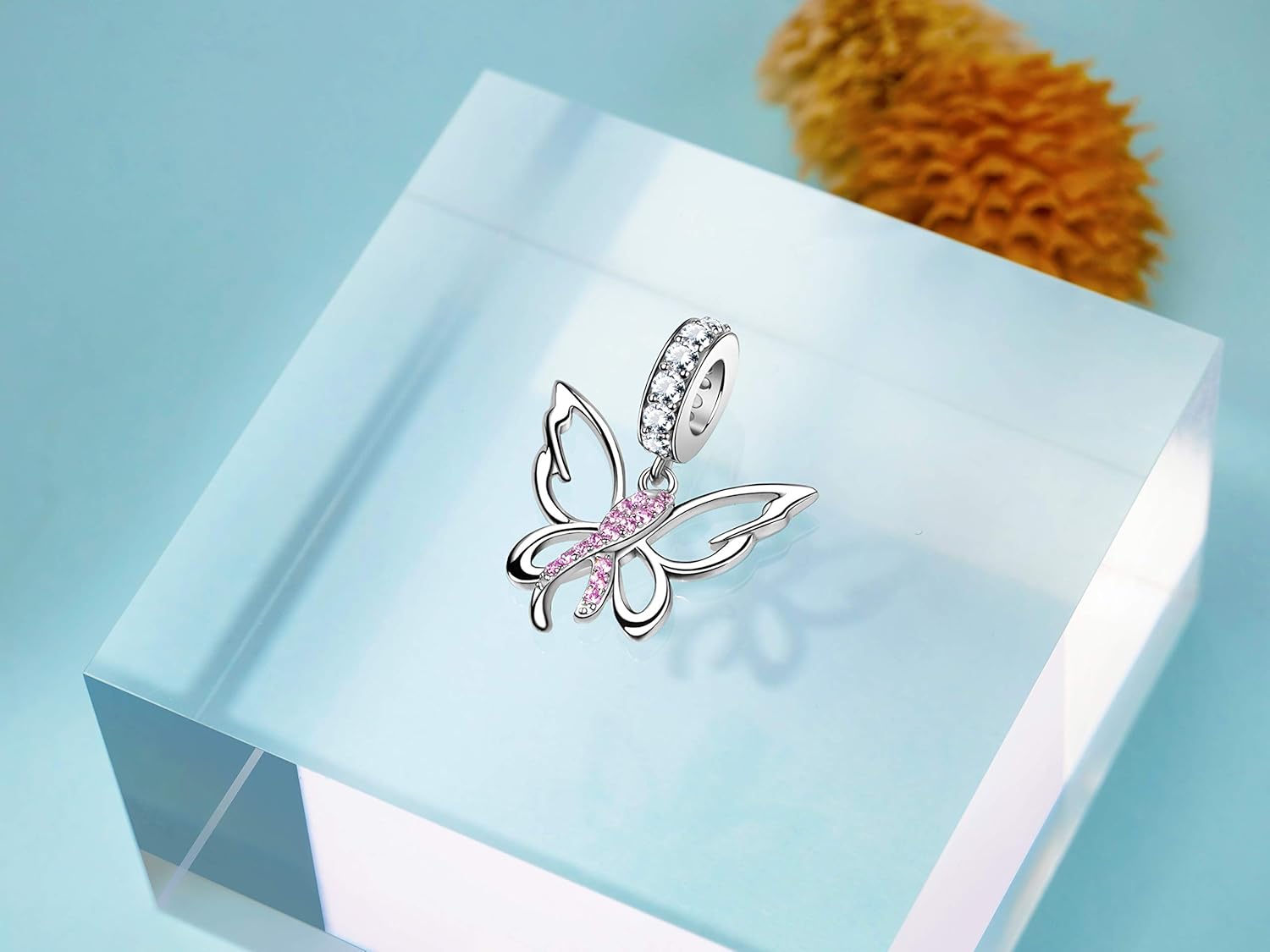 Christmas Gifts Breast Cancer Awareness Butterfly Pink Ribbon Charm for Bracelet 925 Sterling Silver Women's Bead Bracelets With Cubic Zirconia Survivor Gifts