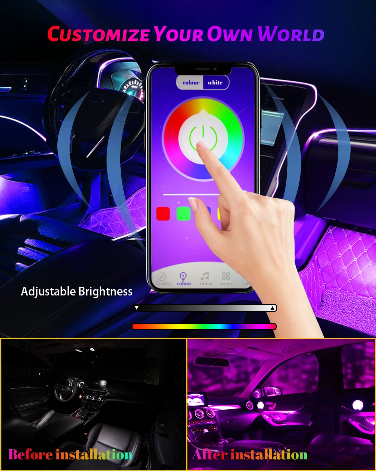 Striscia LED per interni auto, controllo tramite applicazione, illuminazione 5 in 1 con fibra ottica RGB da 6 m, 16 milioni di colori, sincronizzazione con musica