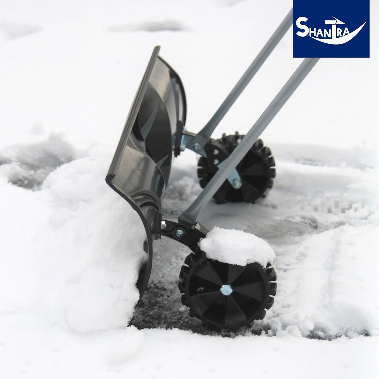 SHANTRA Snow Shovel with Wheels for Driveway, Heavy-Duty Snow Shovel Pusher with 26" x 13" Large Blade for Efficient Snow Removal, Adjustable Handle, U-Shaped Handle, Back Saver Snow Plow for Doorway